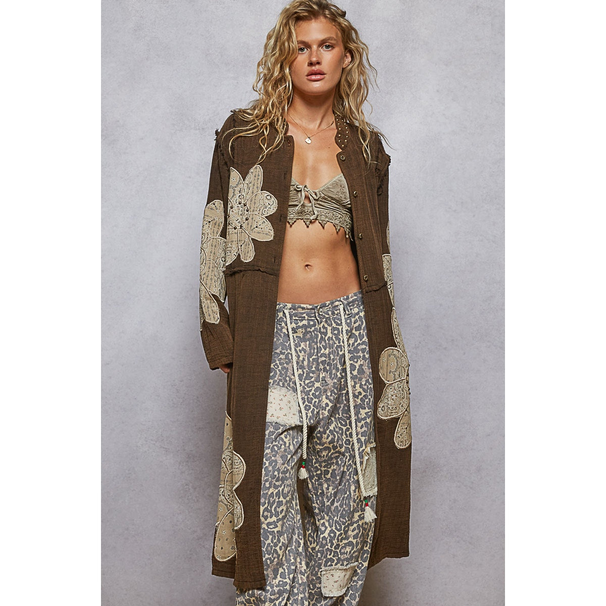 Washed Black Embroidered Gauze Floral Maxi Jacket