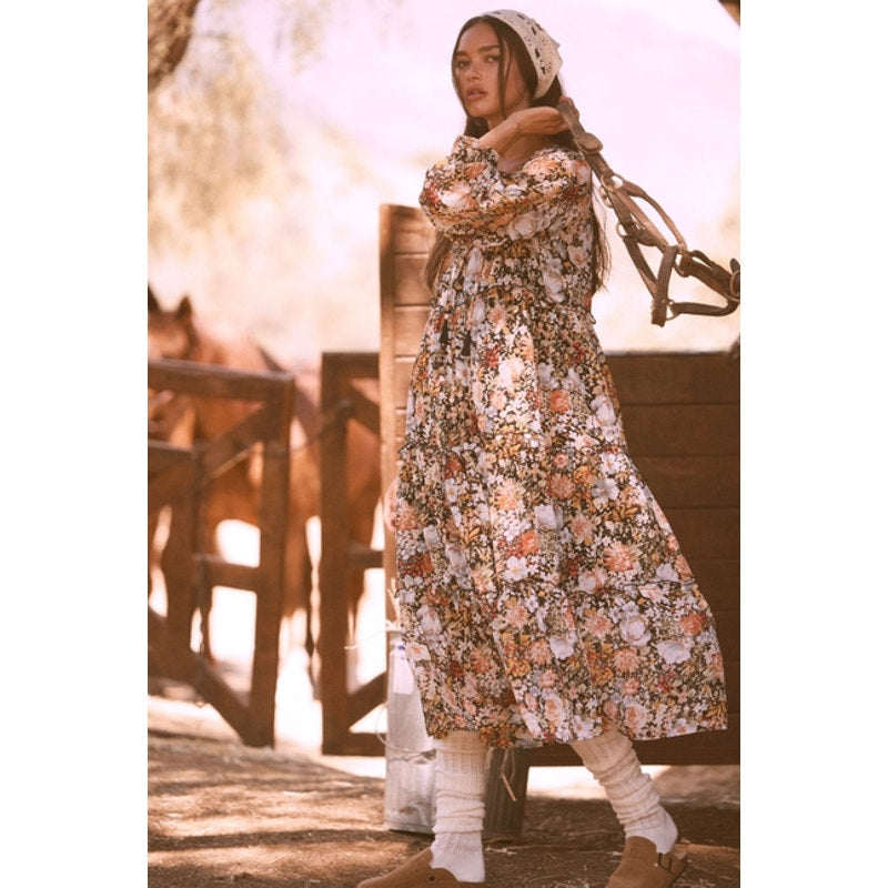 Black Floral V-Neck Chiffon Midi Dress