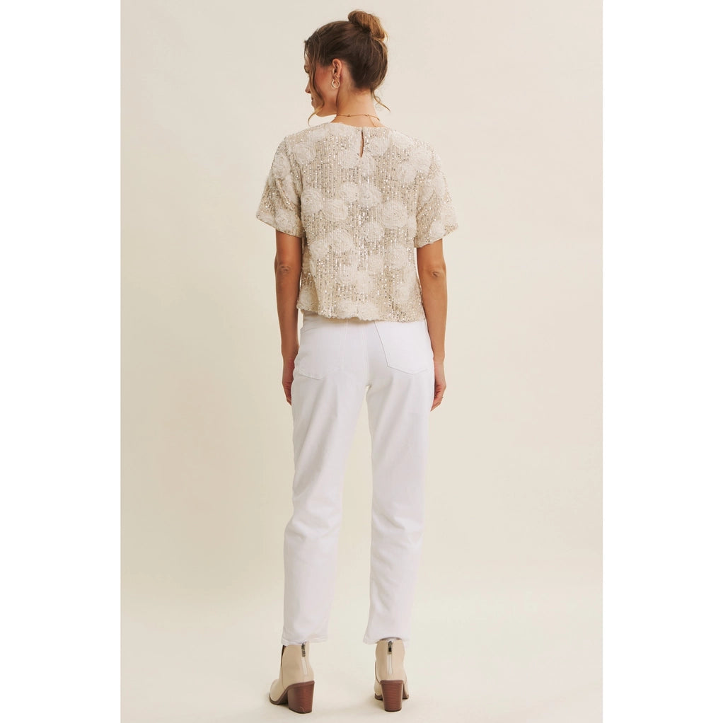 Light-Catching Elevated Shine Sequin 3D Floral Oversized Top