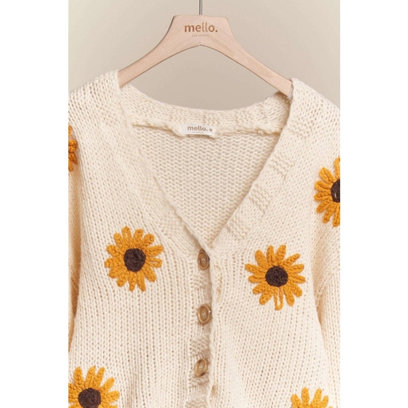 Cárdigan con cuello en V y botones con bordado de girasoles