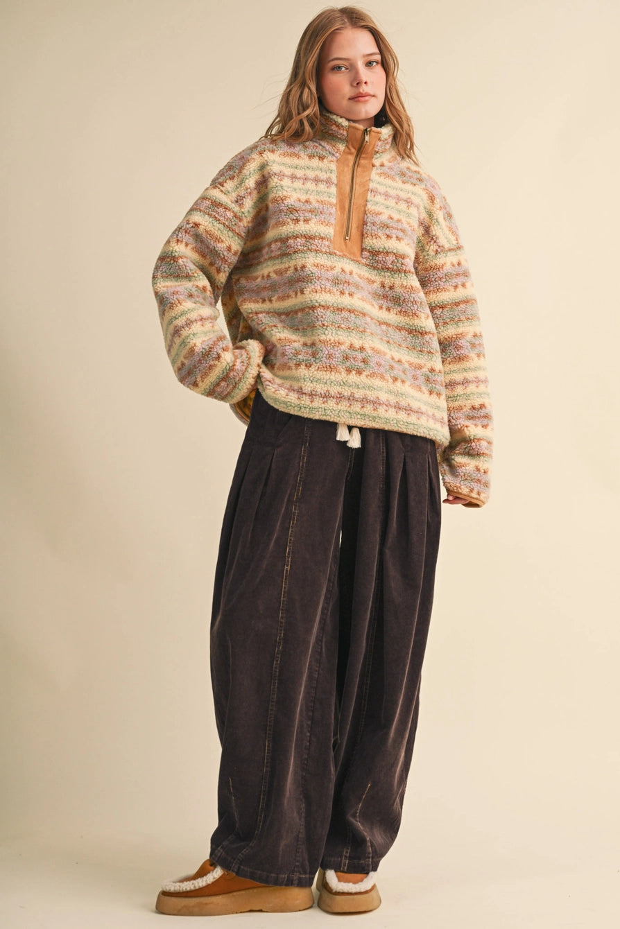Faux Sherpa Aztec Pattern Half Zip Pullover