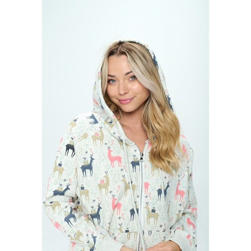 Colorful Reindeer Print Zip Up Hoodie