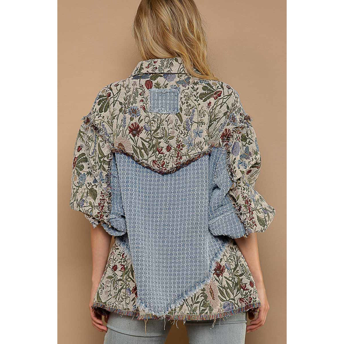 Denim Multi Oversized Jacquard Tapestry Button Down Floral Print Shacket