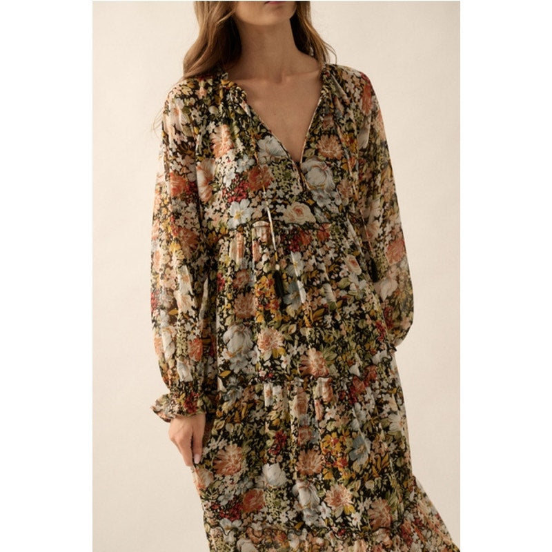 Black Floral V-Neck Chiffon Midi Dress