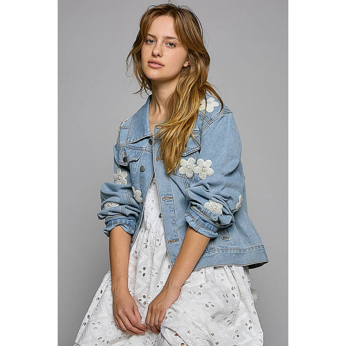 Pearl Flower Patch Denim Jacket
