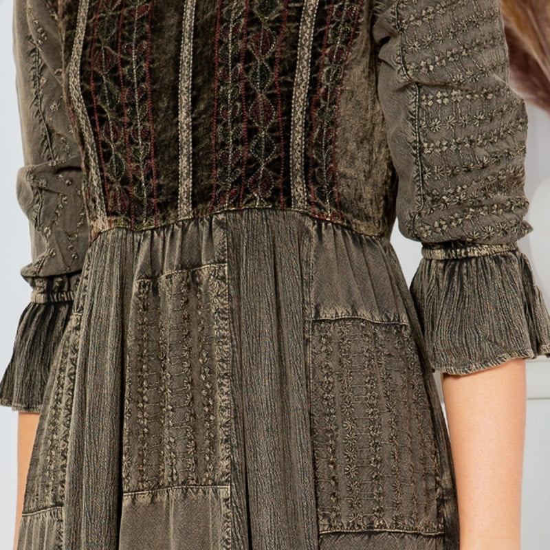 Melodic Enchantment: Stone-Washed Maxi Dress with Velvet