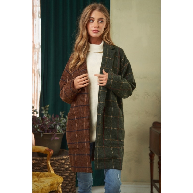 Manteau long à carreaux bicolores marron et olive