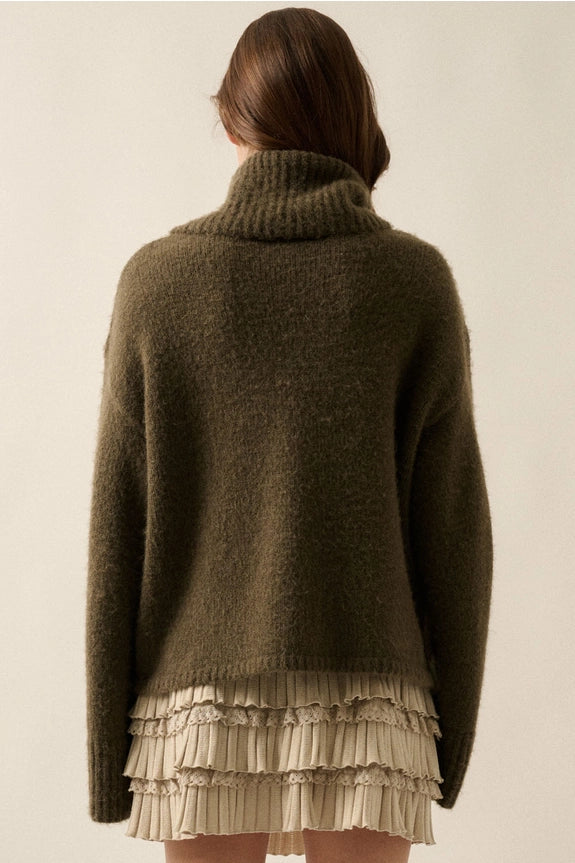 Olive Taupe Mountains Fuzzy Jacquard-Knit Turtleneck Sweater