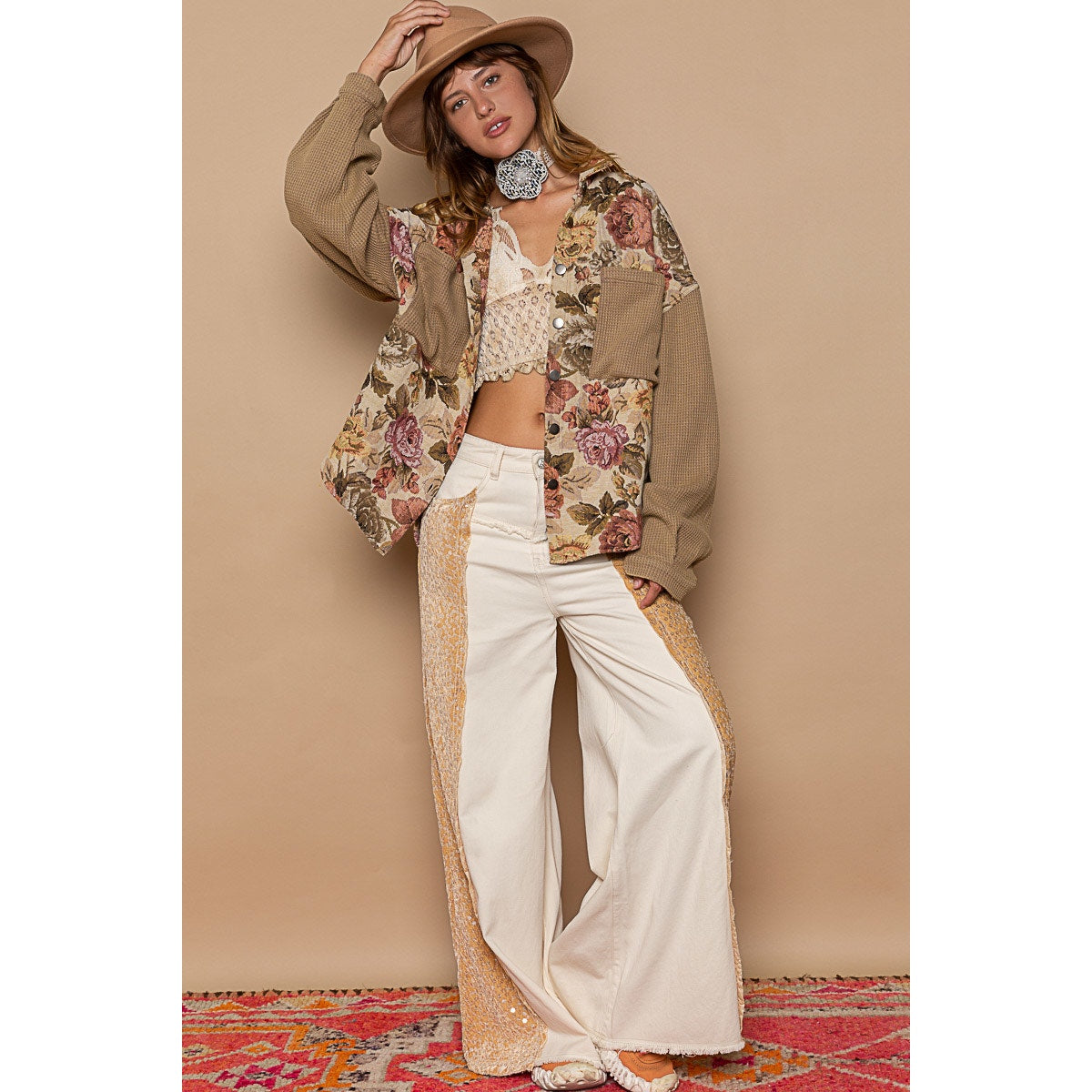 Latte Mocha Contrast Sleeves Button Down Floral Print Shacket