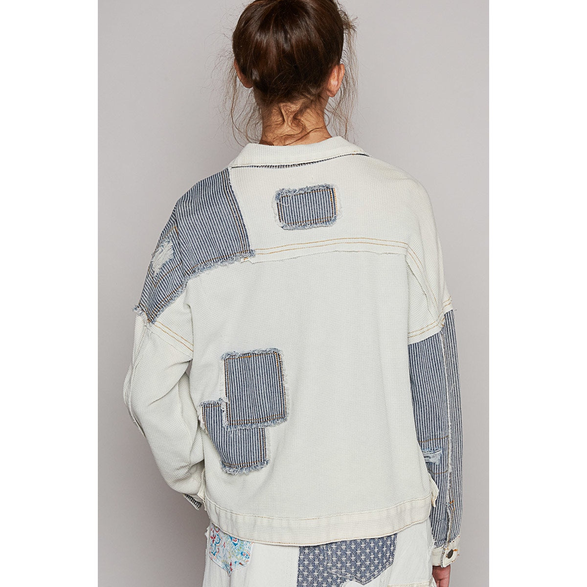 Ivory Multi Pinstripe Oversized Distressed Patchwork Jacket