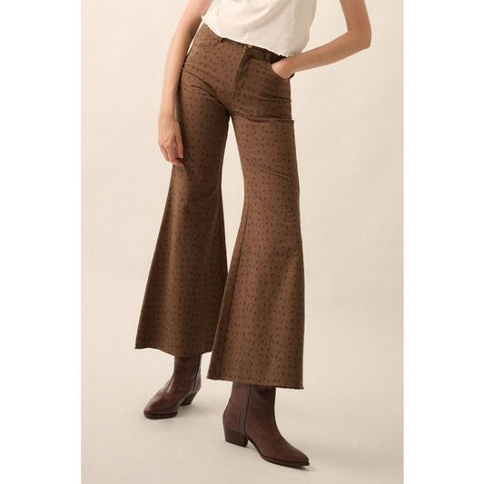 Chocolate Floral Twill Cropped High-Waist Flare Pants