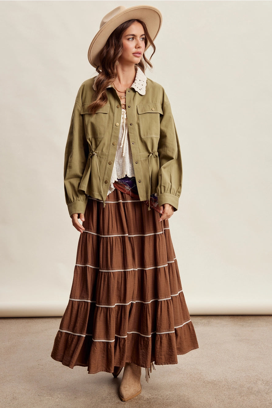 Olive Crochet Collar Utility Jacket