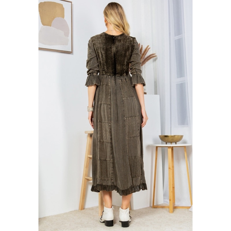 Melodic Enchantment: Stone-Washed Maxi Dress with Velvet