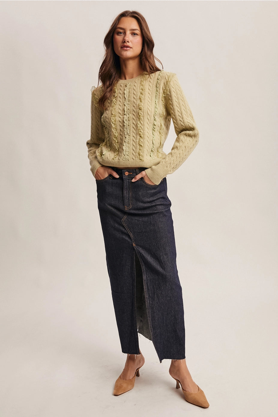Matcha Lace Trim Cable Knit Pullover