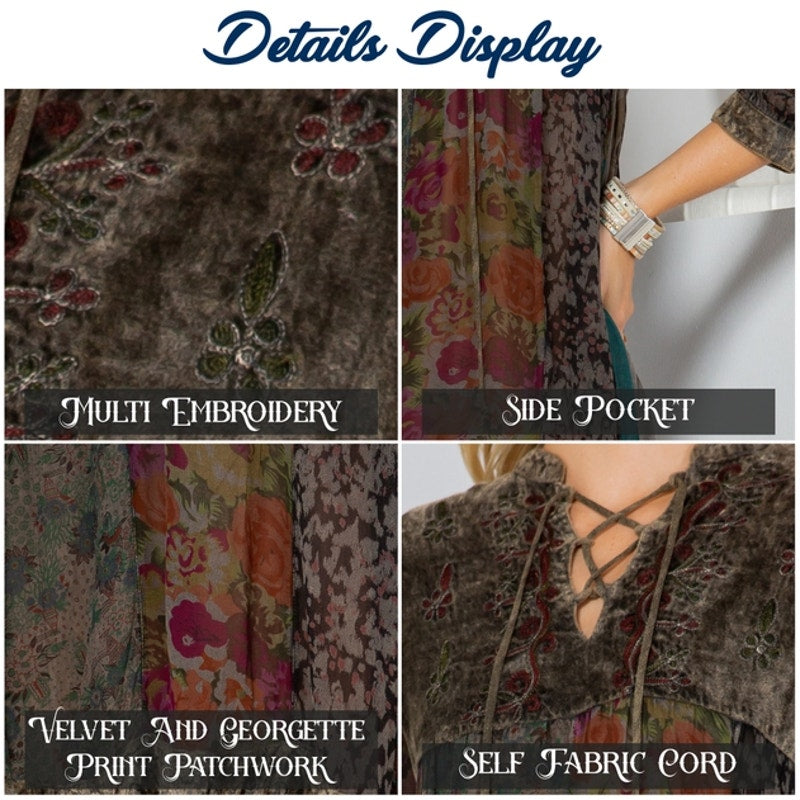 Vestido babydoll de terciopelo con patchwork, lavado a la piedra, estilo bohemio y chic de Gravel Chic