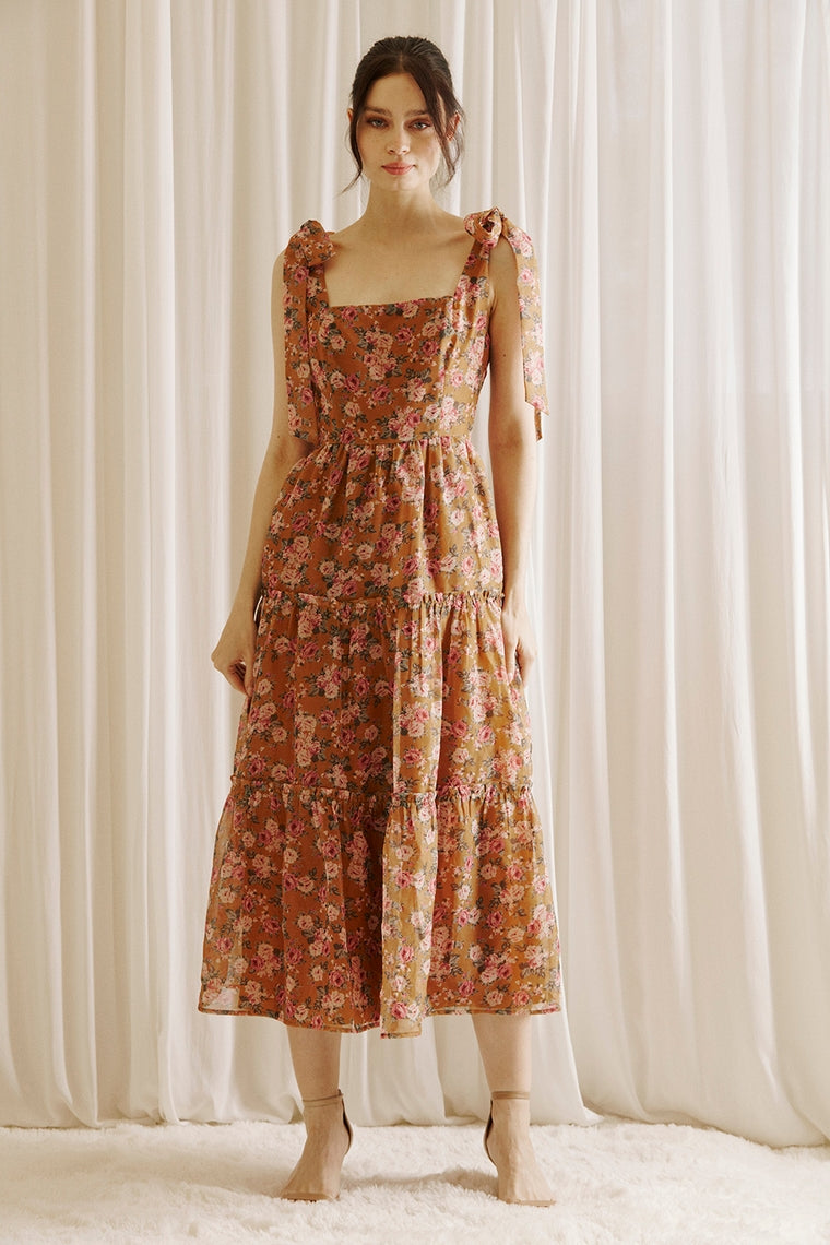 Caramel Rose Print Romantic Midi Dress