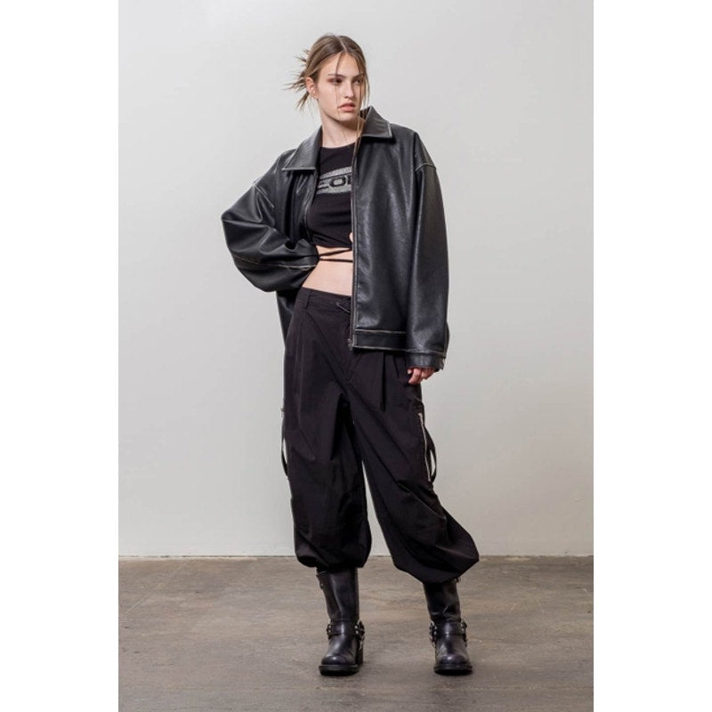 Moon River Black Front Zip Faux Leather Jacket