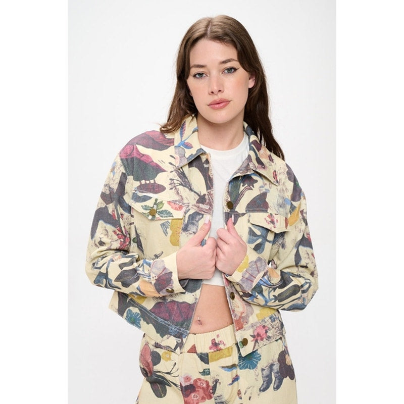 Botanical Print Button Down Denim Jacket