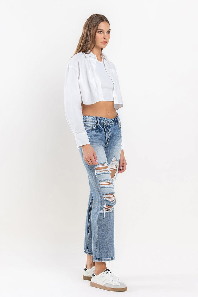 The Options High Rise Criss Cross Distressed Boyfriend Jeans