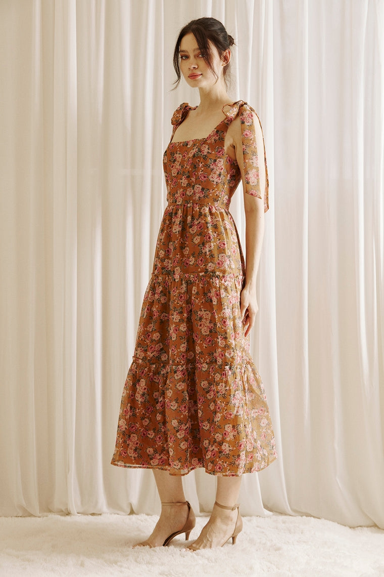 Caramel Rose Print Romantic Midi Dress