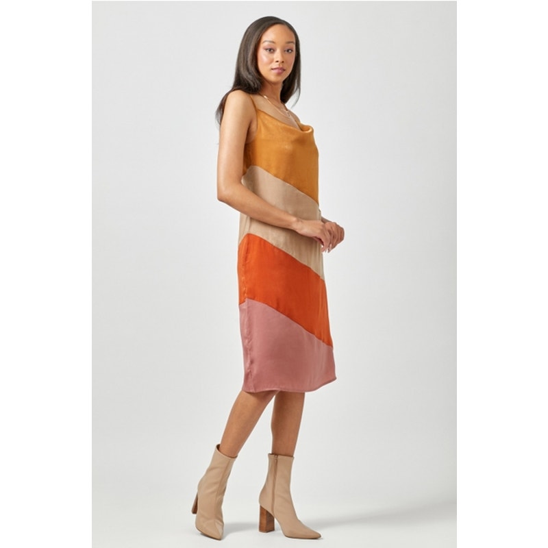 Mystree Size Small Caramel Mix Color Blocked Slip Dress