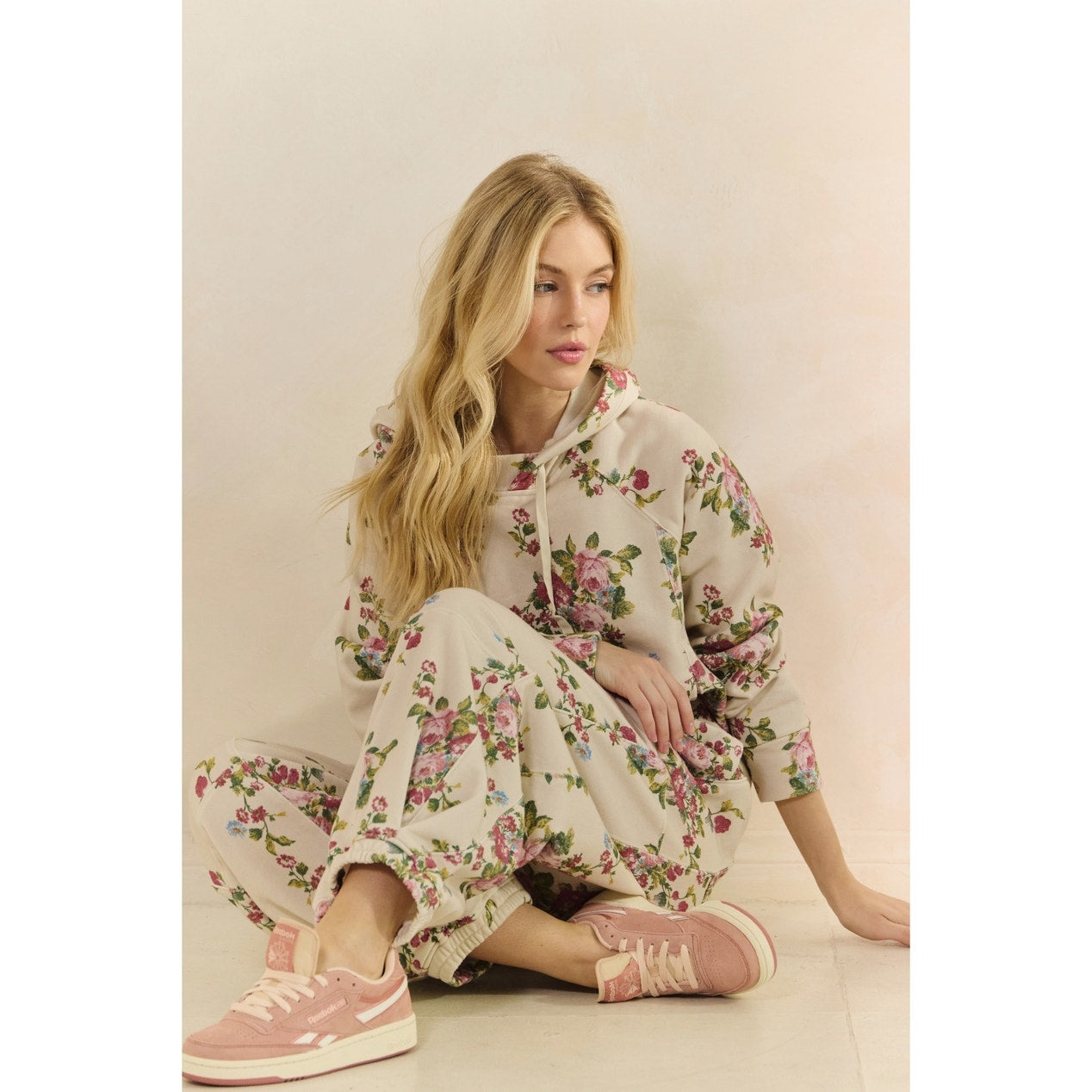 Beige Floral Printed French Terry Hoodie