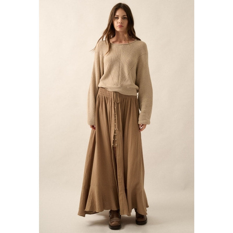 Jupe longue en crêpe à taille élastique et fente sur le devant, couleur expresso