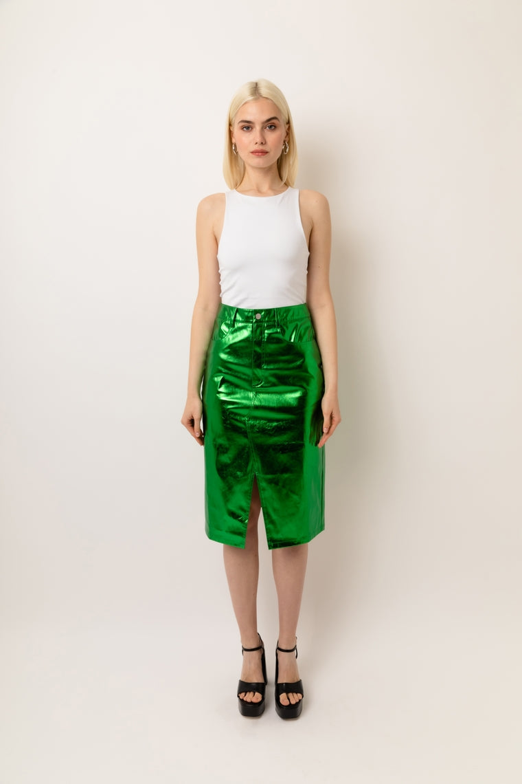 Amy Lynn Lupe High Waist Metallic Knee Length Skirt in Green