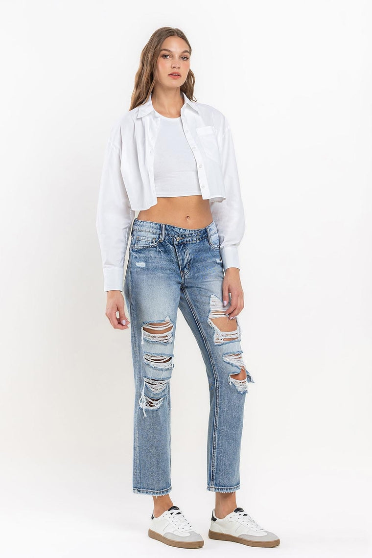 The Options High Rise Criss Cross Distressed Boyfriend Jeans