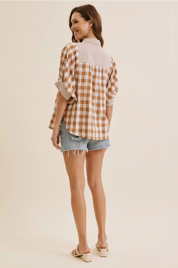 Mocha Gingham Balloon-Sleeves Shirt