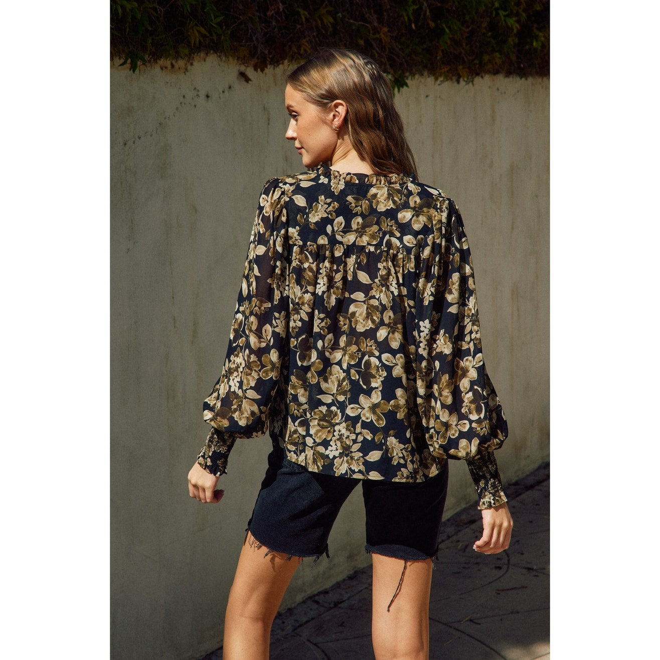 Black Floral Ruffled Neck Blouse