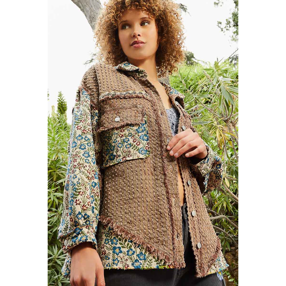 Chocolate Multi Oversized Jacquard Tapestry Button Down Floral Print Shacket