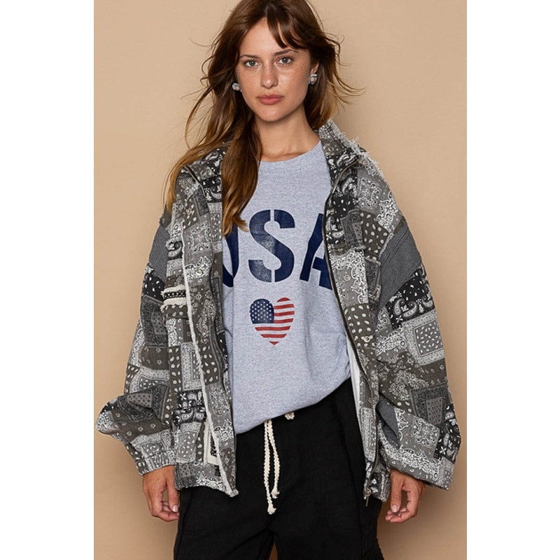 Black Multi Hooded High Neck Paisley Patchwork Bomber Jacket