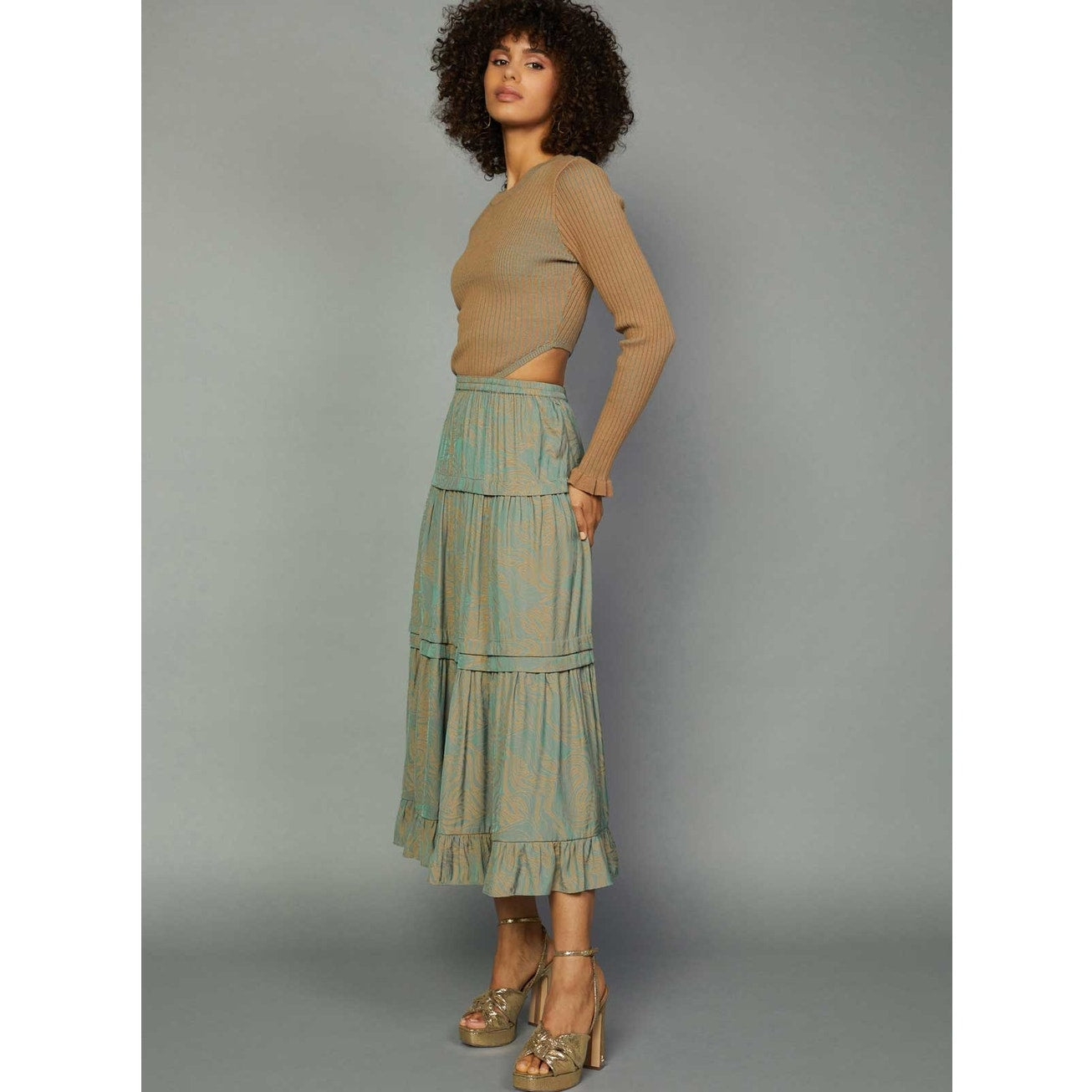 Sand Seafoam Mixed Media Cutout Knit Midi Dress