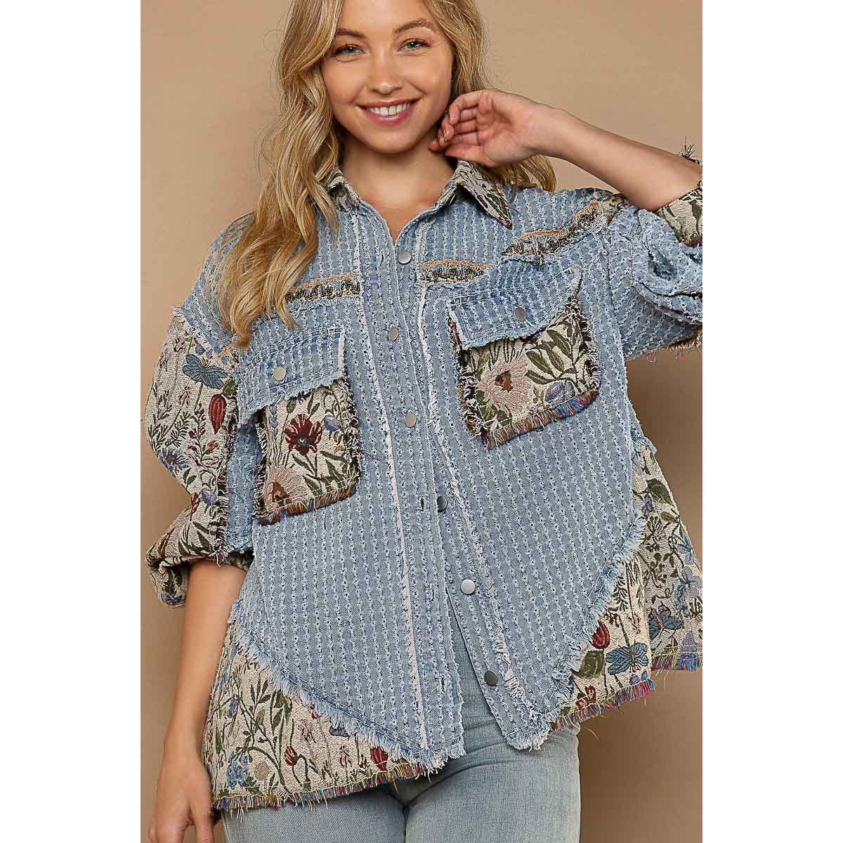 Denim Multi Oversized Jacquard Tapestry Button Down Floral Print Shacket