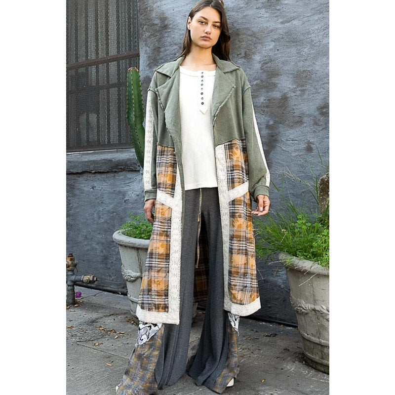Olive Full Sleeve Lace Trim Detail Plaid Mix Open Jacket