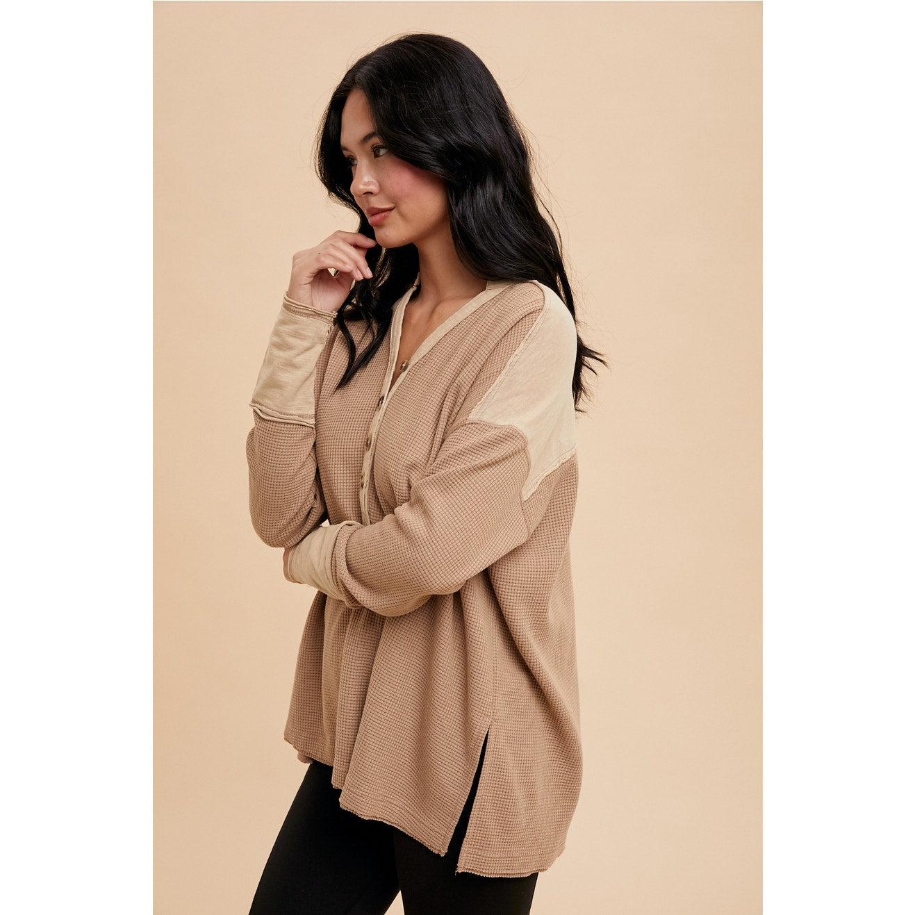 Taupe Garment Washed Thermal Henley