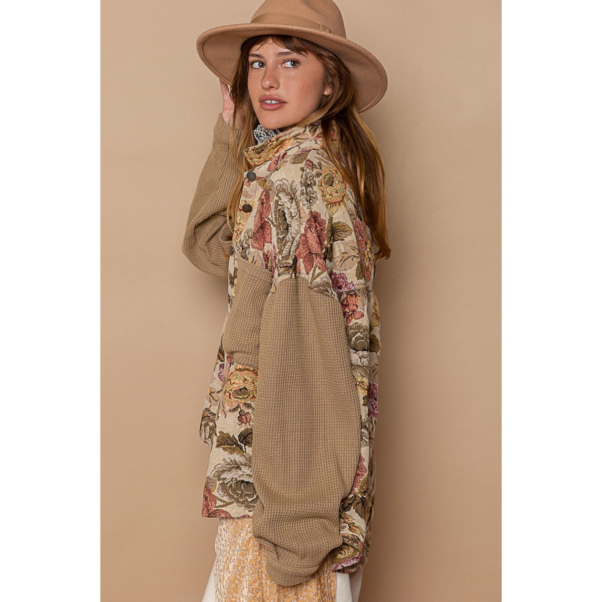 Latte Mocha Contrast Sleeves Button Down Floral Print Shacket