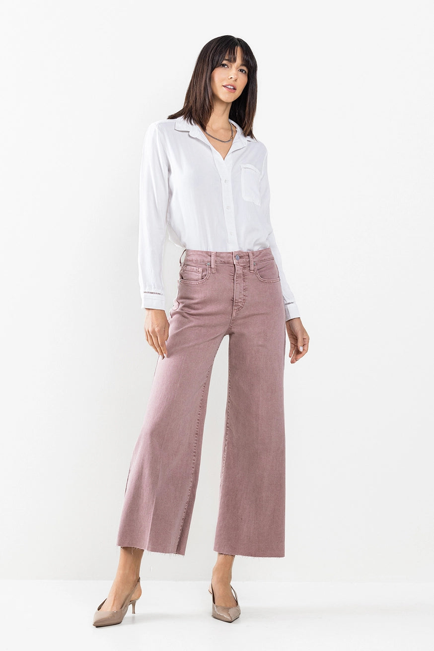 Burlwood Pink Raw Hem Wide Leg Crop Jeans