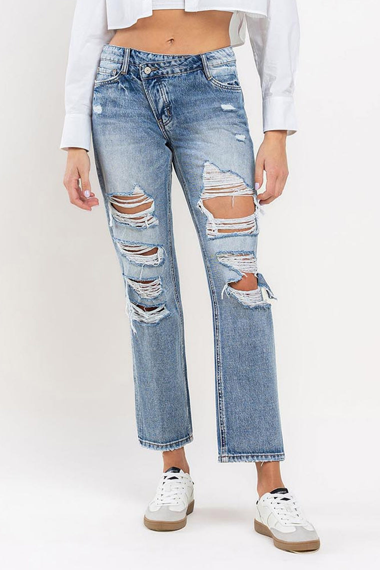 The Options High Rise Criss Cross Distressed Boyfriend Jeans