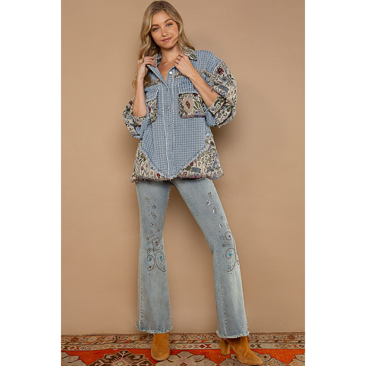 Denim Multi Oversized Jacquard Tapestry Button Down Floral Print Shacket