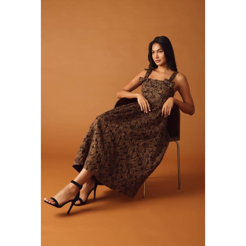 Textured Floral Bow Straps Brown Midi Dress