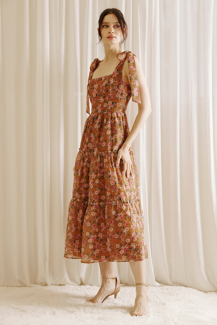 Caramel Rose Print Romantic Midi Dress
