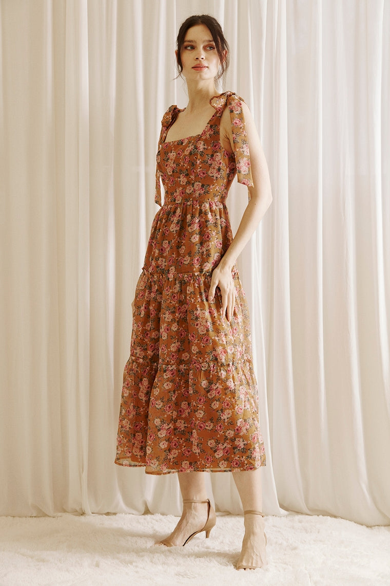 Caramel Rose Print Romantic Midi Dress