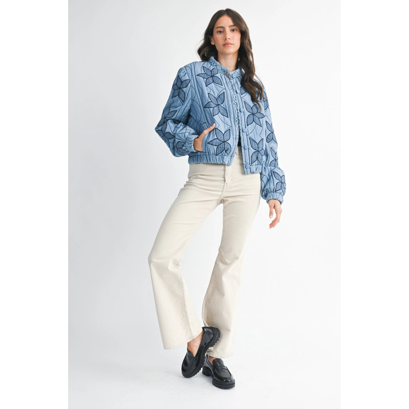 Washed Blue Embroidered Quilted Bomber Stitching Jacket