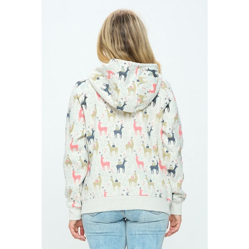 Colorful Reindeer Print Zip Up Hoodie