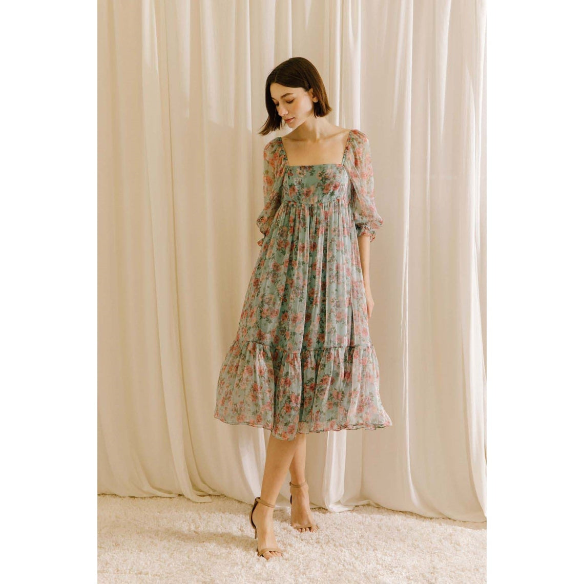 Teal Floral Rose Print Midi Baby Doll Dress