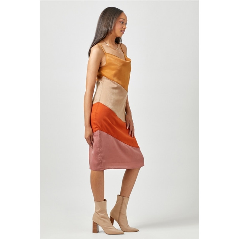 Mystree Size Small Caramel Mix Color Blocked Slip Dress