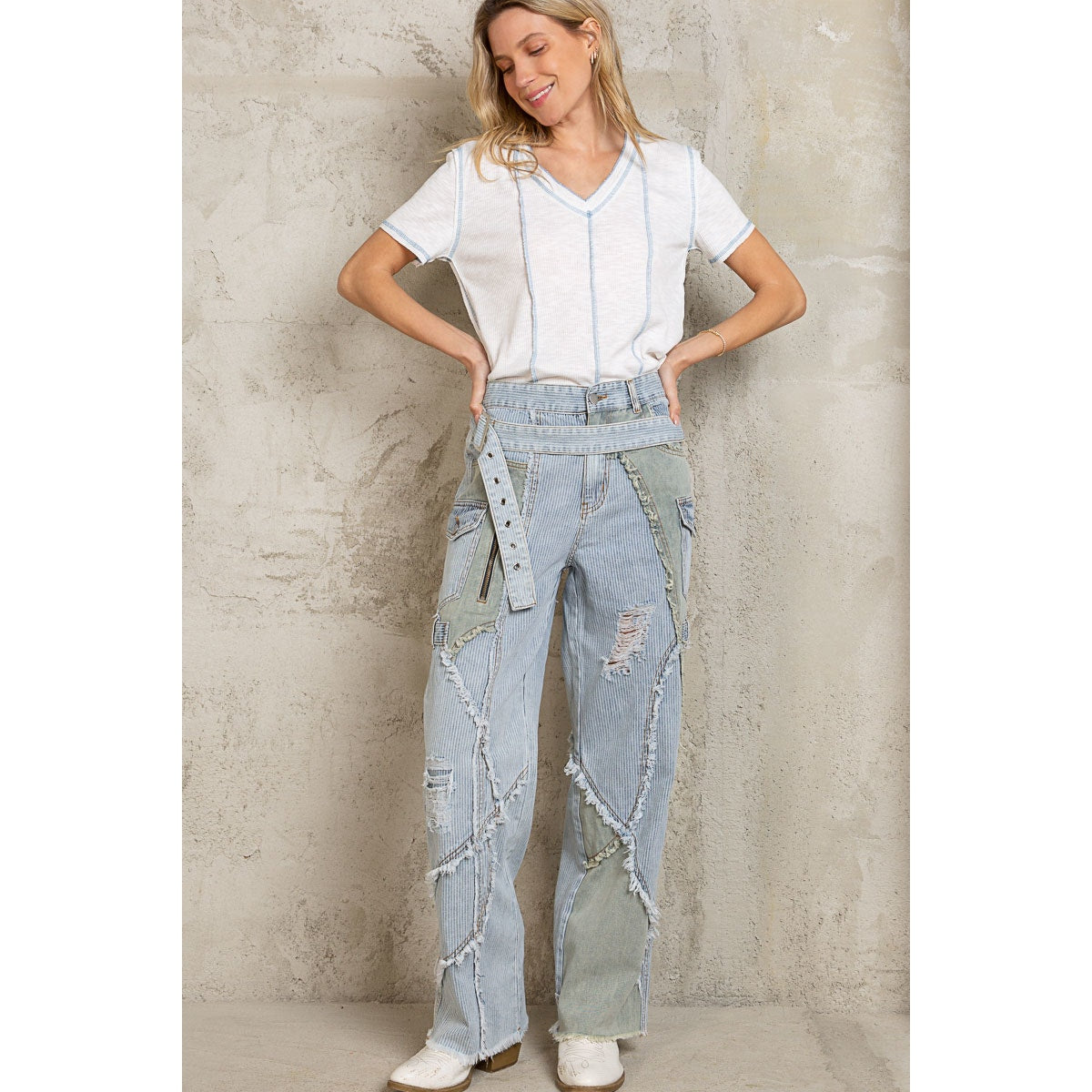 Striped Belted Frayed Seam Distressed Straight Denim High Waisted Jeans