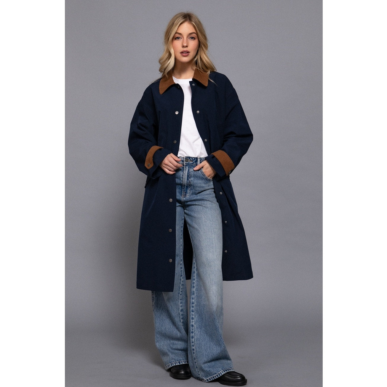 Navy Contrast Collar Button Down Long Trench Coat